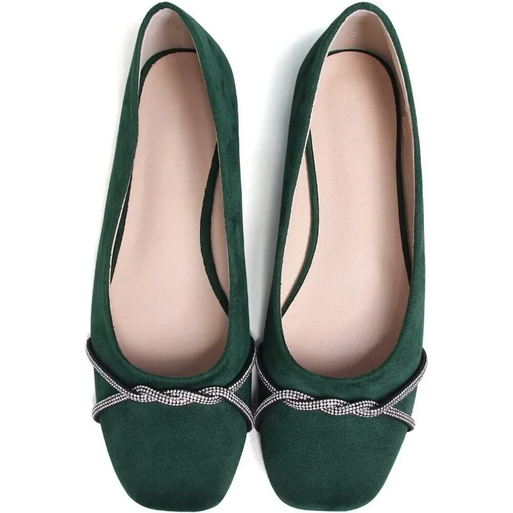 Women's Green Suede Casual Fashion Chain Pointed Toe Ballet Flat Rhinestone